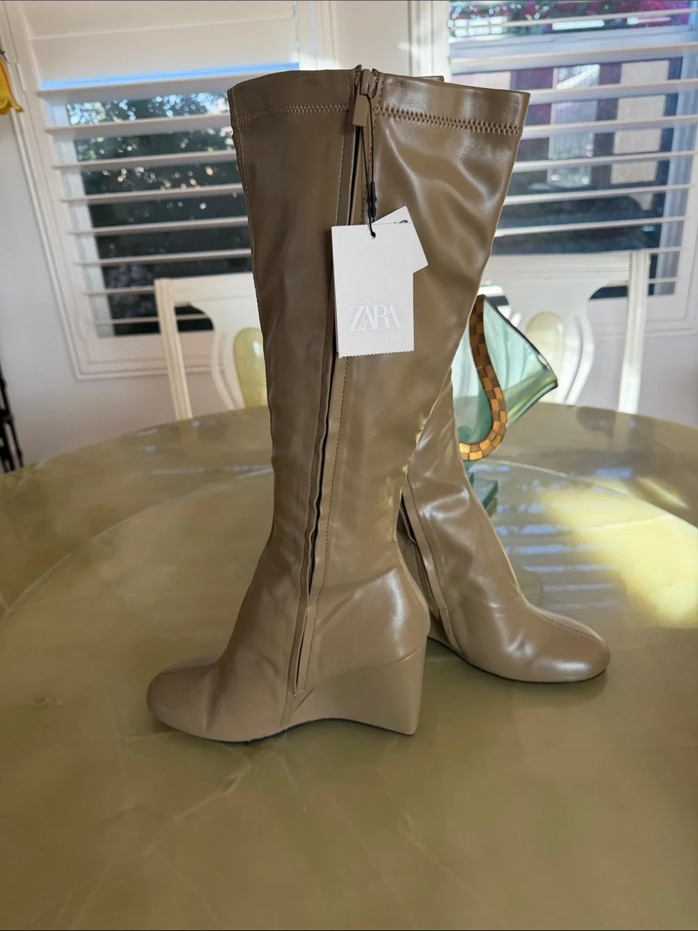 Zara Women Olive Green Over the Knee Wedge Boots Sz 41 42 Vegan Leather NWT